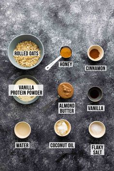 the ingredients to make an oatmeal smoothie laid out on a table