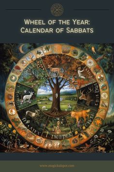 the wheel of the year calendar with animals and trees in it, surrounded by zodiac signs