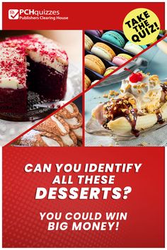 an advertisement for desserts is shown in red and white