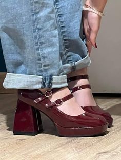 @estherobbs 's pic Mary Jane's shoes Red Heels Mary Janes, May Jane Shoes, Marry Jean Shoes, Maroon Mary Janes, Marry Jane’s, Marry Jane Shoes Outfits, Marry Jane Outfits, Shoes Pics Aesthetic, Chunky Shoes Aesthetic