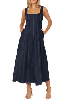 Vertical topstitching enlivens this sleeveless square-neck maxi cut from dark-rinse denim. Hidden side-zip closure Square neck Sleeveless Side-seam pockets Unlined 75% cotton, 23% polyester, 2% spandex Hand wash, dry flat Imported Satin Dresses Long, Satin Dresses Long Sleeve, Petal And Pup, White Dress Shoes, Denim Maxi Dress, Denim Midi Dress, Essential Dress, Denim Maxi, Resort Dresses