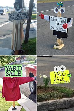 four different yard sale signs on the street