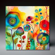 an abstract painting with colorful flowers and leaves