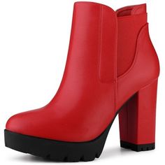 Made in a basic color that will add of color to your ensembles, these platform faux leather Chelsea boots with stretchable sides are the perfect pair to take you through your day in style. Chelsea Ankle Boots; Round Toe; Block High Heels; Vamp: Faux Leather; Outsole: TPR; Heel: ABS. Please check your size to make sure the item fits before ordering. Lace Up Platform Boots, Block High Heels, Heeled Chelsea Boots, Chunky Heel Ankle Boots, Buckle Ankle Boots, Red High Heels, Closed Toe Shoes, Block Heel Ankle Boots, Faux Leather Heels