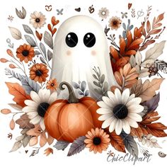 a white ghost surrounded by flowers and pumpkins on a white background with text that reads, happy halloween