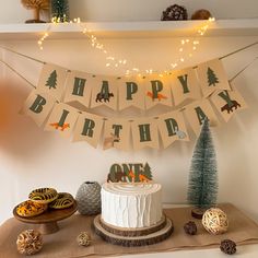 a birthday cake on a table with decorations