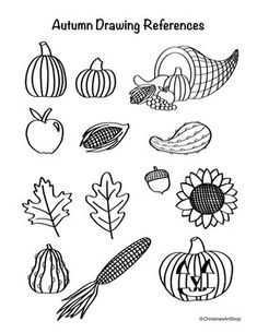 an autumn drawing reference sheet with pumpkins, leaves and acorns on it