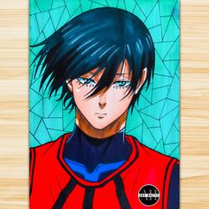 a painting of a man with black hair and blue eyes wearing a red shirt, standing in front of a wooden table