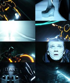 four different shots of a man riding a motorcycle in the dark with light coming from his head