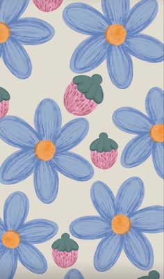 an image of blue flowers and strawberries on a white background for wallpaper or fabric