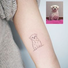 a small dog tattoo on the left inner forearm and wrist, with a photo of it