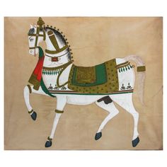 a painting of a white horse with green and red decorations on it's back