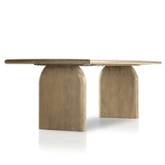 a wooden table with two circular bases on each end and an oval base on the other side