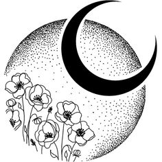 the moon and some flowers are drawn in black ink on a white background with dots