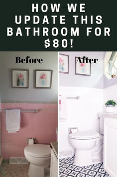 before and after photos of bathroom remodeling with pink tile, white fixtures