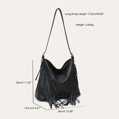 Discover Elegant Style and Functionality Embrace the perfect blend of fashion and practicality with our Luxurious Vegan Leather Tassel Shoulder Bag. Designed for the modern woman, this versatile hobo crossbody handbag is a must-have accessory for any wardrobe. Made from high-quality PU vegan leather, this bag is not only stylish but also ethically conscious. The elegant tassel decoration adds a bohemian touch, making it ideal for both casual and formal occasions. Key Features Material: High-grade PU Vegan Leather Spacious Interior: Includes a zipper pocket and a slot pocket Convenient Exterior: Features a back zipper pocket for easy access Secure Closure: Reliable zipper to keep your belongings safe Single Shoulder Strap: For comfortable carrying as a shoulder or crossbody bag Size: Genero Chic Hobo Satchel For Errands, Versatile Faux Leather Hobo Bag Crossbody, Versatile Faux Leather Crossbody Hobo Bag, Chic Large Capacity Hobo Shoulder Bag, Fall Hobo Bag With Adjustable Strap For Errands, Fall Hobo Bag With Zipper Closure For Errands, Trendy Fall Soft Leather Bucket Bag, Black Hobo Bag With Fringe For Daily Use, Chic Hobo Bucket Bag With Adjustable Strap