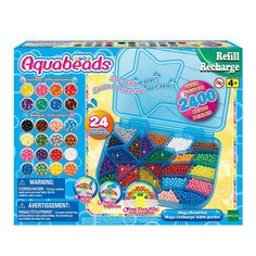 the aquabeads kit contains 24 different colors and shapes, including beads in a plastic case