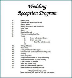 the wedding reception program is in black and white