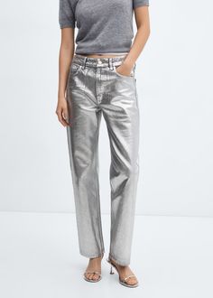 Straight foil jeans - Woman | MANGO USA Foil Jeans, Metallic Trousers, Moda Denim, Metallic Jeans, Metallic Pants, Mango Outlet, Mango Jeans, Denim Style, Mini Crossbody Bag