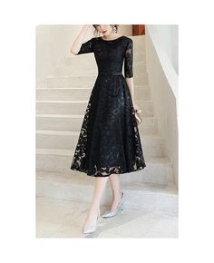 Buy modest lace half sleeve party dress tea length at cheap price online. Free stable shipping and pro custom service since 2009. Black Tea Length Dress, Modest Clothing For Women, Dress Tea Length, Winter Wedding Guest, Modest Casual, Winter Wedding Guest Dress, Tea Length Wedding, Black Dress Formal, Black Tie Dress