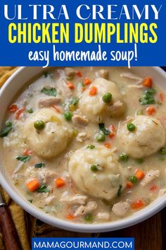 two bowls filled with chicken and dumplings on top of a wooden table next to a yellow napkin