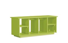 a green shelf with two open shelves on one side and three closed shelves on the other