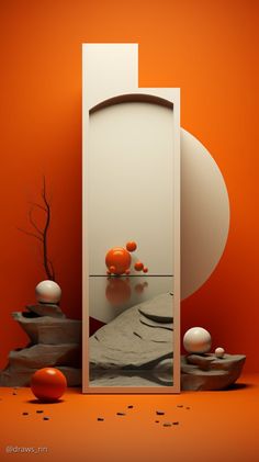 an orange and white photo with some balls in the mirror on top of it,