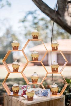 cupcakes are arranged in hexagon shapes on a table