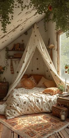 a bed with a canopy in the middle of a room filled with books and plants