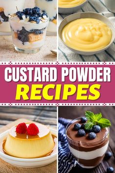 several different desserts with the words custard powder recipes