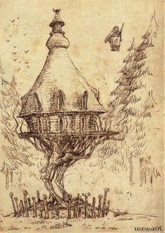 a drawing of a house in the middle of a forest with trees and birds flying around