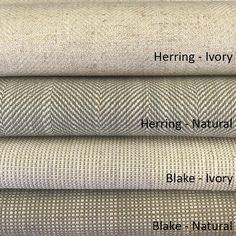 four different types of linens in various colors and sizes, with the words herring - ivory