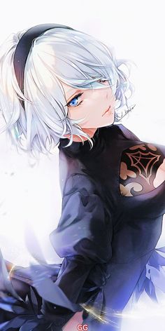 an anime character with white hair and blue eyes