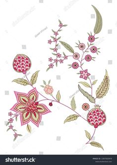 an artistic floral design with pink flowers and green leaves on a white background stock photo