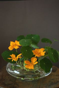 yellow flowers in a clear glass vase on a wooden table with green leaves around it