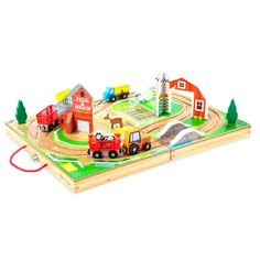 a wooden toy train set with trucks and farm animals