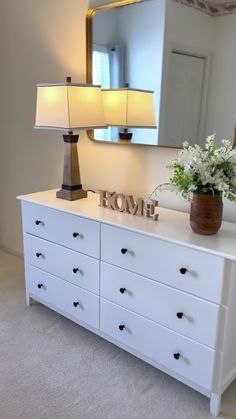 6 Drawers Double Dresser With Large Capacity Solid Wood Storage Cabinet White Bedroom White Dresser, White Dresser Decor, White Dresser Bedroom, Dresser Decoration, White 6 Drawer Dresser, Top Of Dresser, Dresser Decor Bedroom, Wood Storage Cabinet, Floating Bed Frame