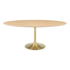 an oval wooden table with gold metal base