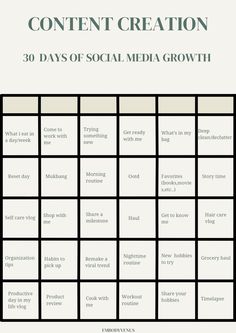 a table with the words content creation 30 days of social media growth