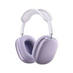 a pair of purple headphones on a white background, with the ear cord extended