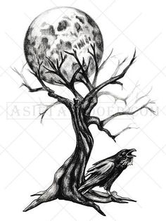 a black and white drawing of a tree with a full moon in the background