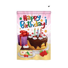 a happy birthday banner with cake, presents and strawberries in front of a pink background