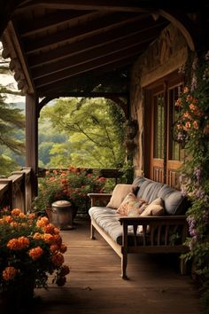 the porch is covered with flowers and plants