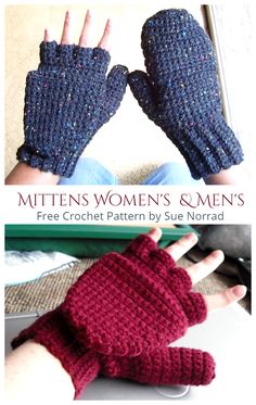 fingerless gloves made from crochet yarn and knitted with text overlay that reads, fingerless gloves crochet free pattern & video