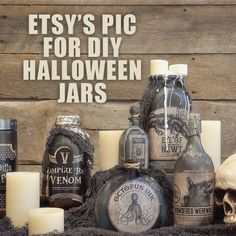 candles, bottles and skulls are on display with the words etsy's pic for diy halloween jars