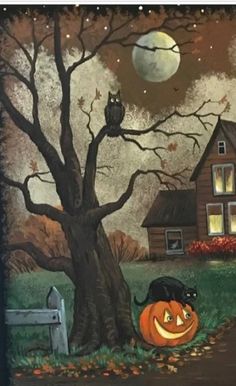 an image of halloween scene with pumpkins and cats on the tree in front of a house