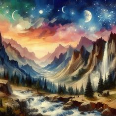 an oil painting of mountains and water with stars in the sky