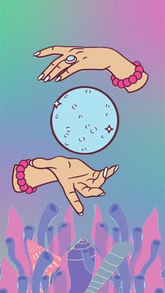 two hands reaching for an object in the air with pink, blue and green background