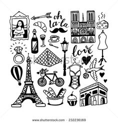 black and white illustration of the eiffel tower in paris with its famous landmarks