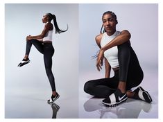 two photos of a woman in black and white clothing, one is squatting on the ground